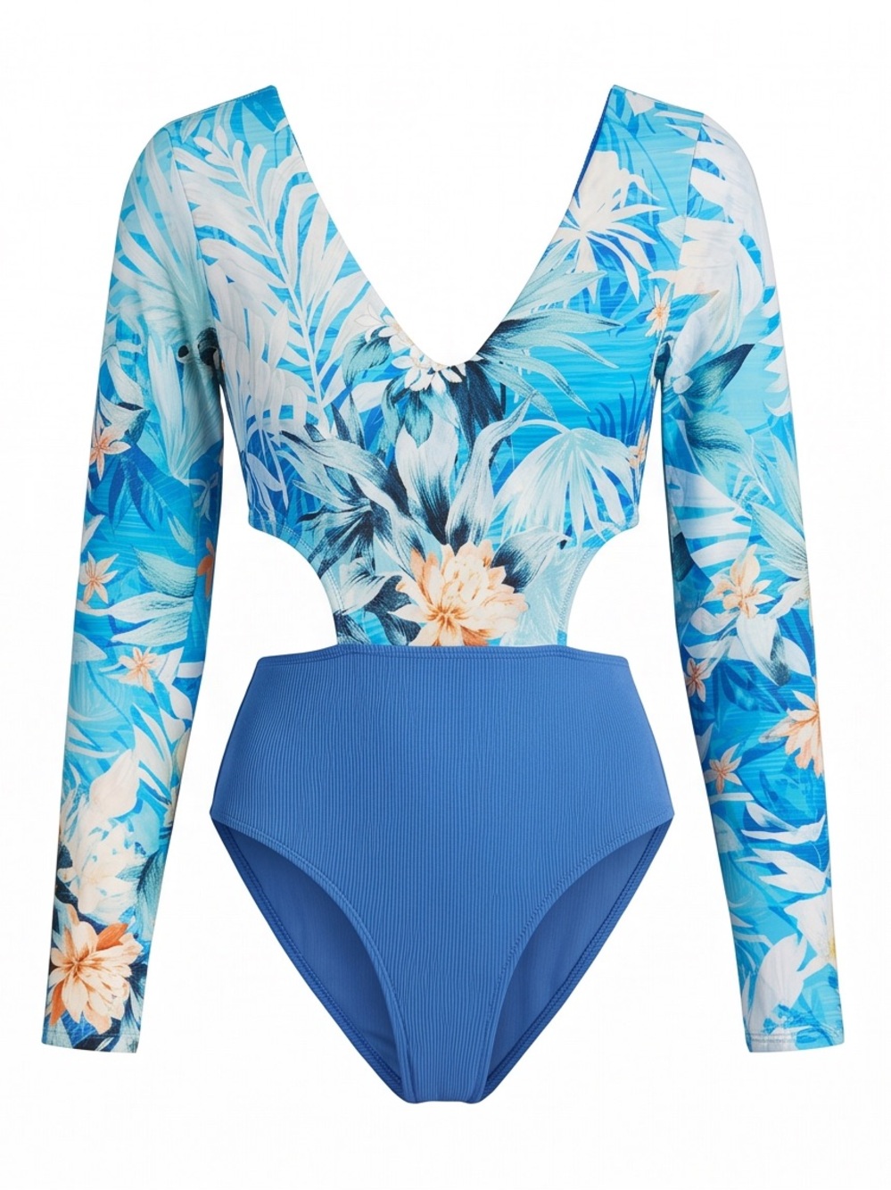 Blue Floral Long-Sleeve One-Piece Swimsuit